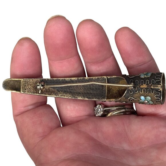 Antique Silver Filigree Gems & Guilloche Enamel Chinese Fingernail Guard Brooch - Picture 8 of 8